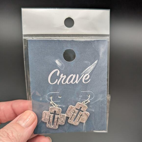 Crave Three Cross Drop Earrings Silver Tone Christian Religious Jewelry New - Picture 2 of 6